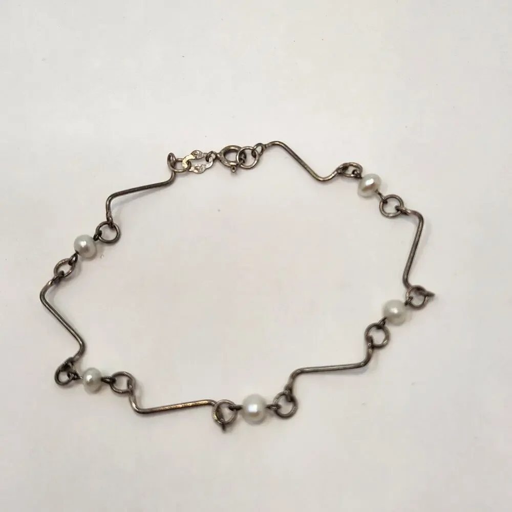 Sterling Silver 925 Wavy Bar Freshwater Pearl Link Bracelet Dainty Lightweight